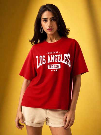 Leotude Red Los Angeles Printed Oversized Tshirt for Women