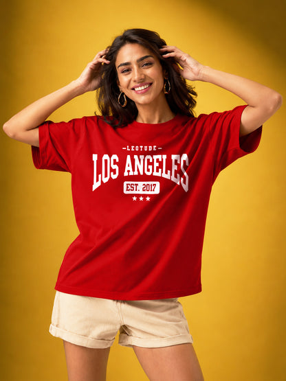 Leotude Red Los Angeles Printed Oversized Tshirt for Women
