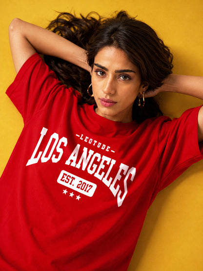 Leotude Red Los Angeles Printed Oversized Tshirt for Women