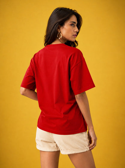Leotude Red Los Angeles Printed Oversized Tshirt for Women