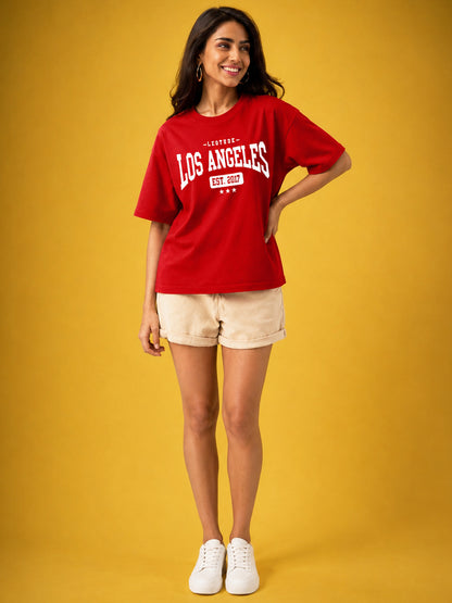 Leotude Red Los Angeles Printed Oversized Tshirt for Women