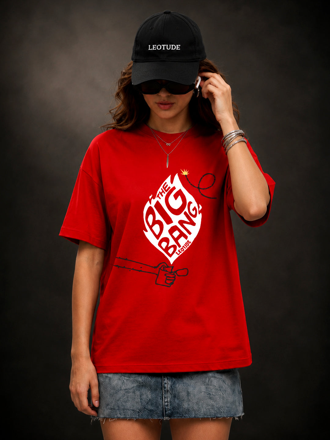 Leotude Red The Big Bang Printed Oversized Tshirt for Women