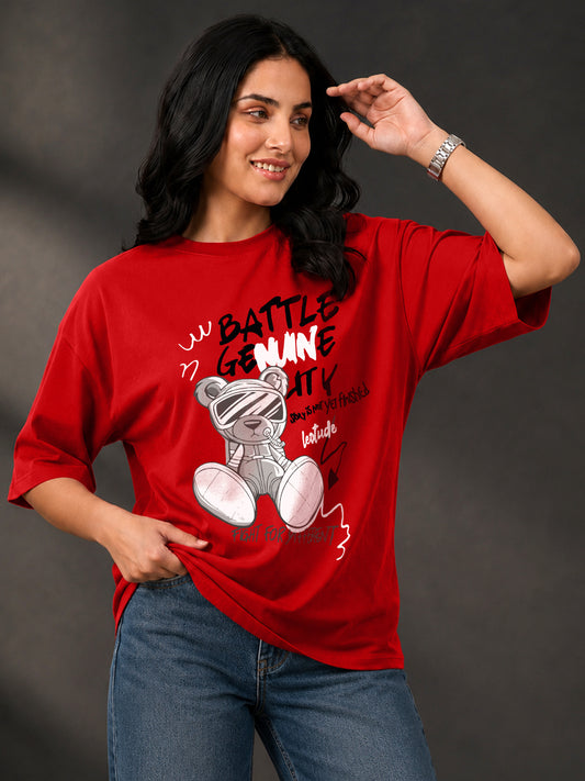 Leotude Red Battle Genuinity Printed Oversized Tshirt for Women