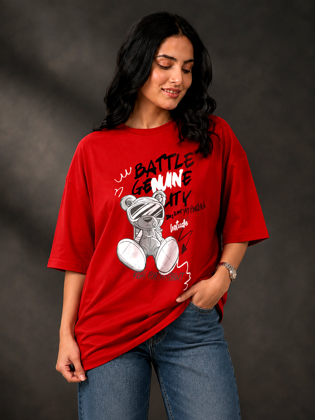 Leotude Red Battle Genuinity Printed Oversized Tshirt for Women