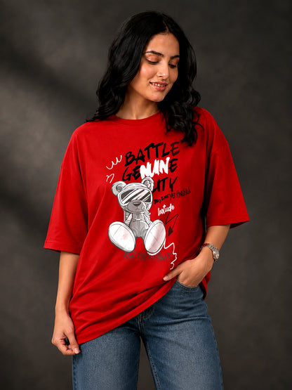 Leotude Red Battle Genuinity Printed Oversized Tshirt for Women