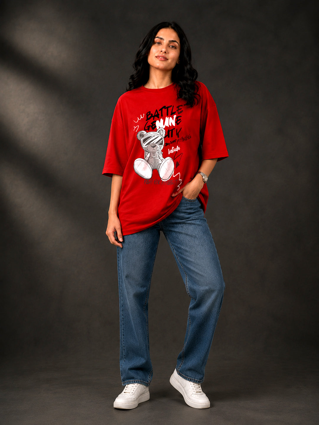 Leotude Red Battle Genuinity Printed Oversized Tshirt for Women