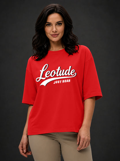 Leotude Red College Script Printed Oversized Tshirt for Women