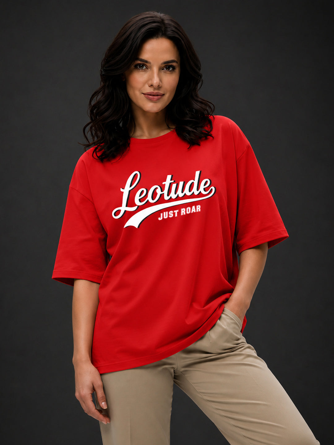 Leotude Red College Script Printed Oversized Tshirt for Women