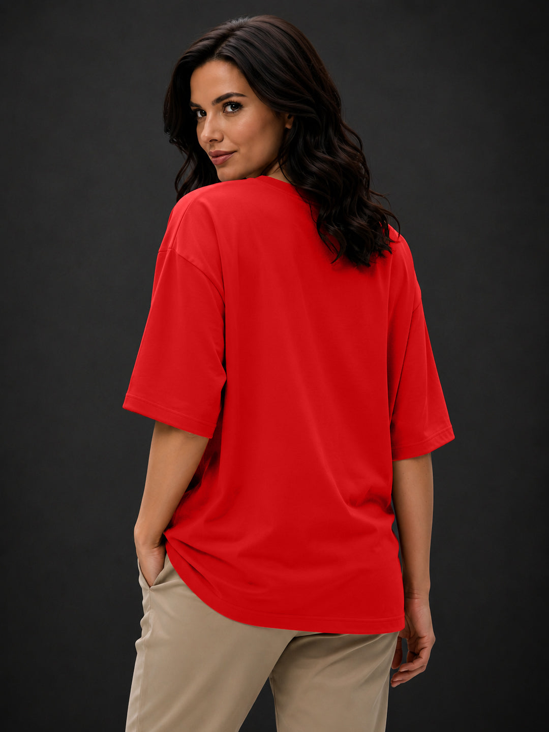 Leotude Red College Script Printed Oversized Tshirt for Women