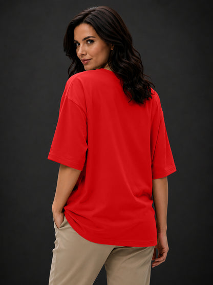 Leotude Red College Script Printed Oversized Tshirt for Women