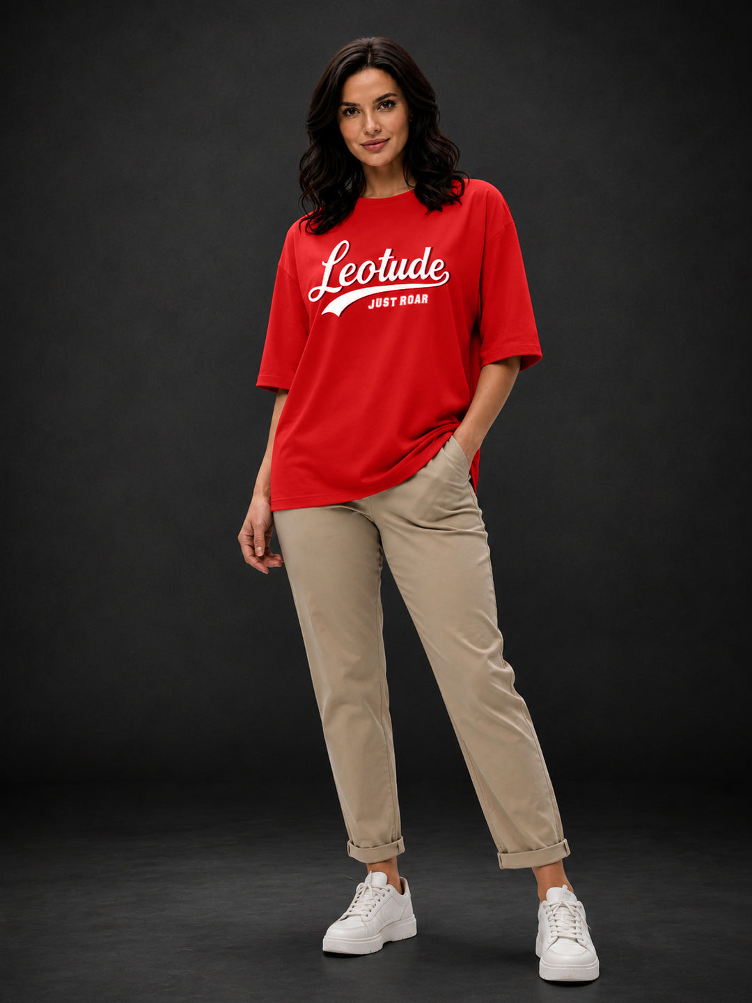 Leotude Red College Script Printed Oversized Tshirt for Women