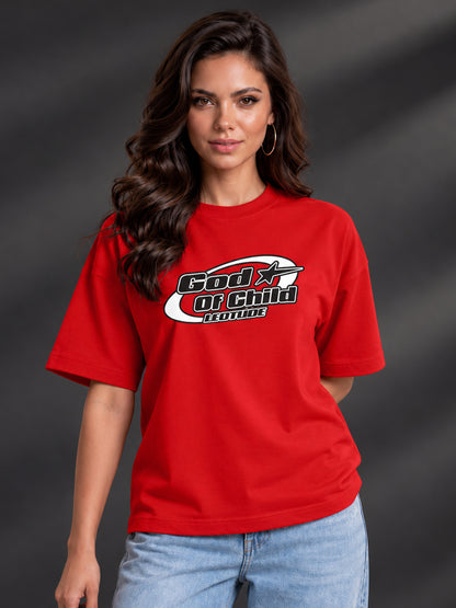 Leotude Women "God Of Child" Red Oversized T-Shirt