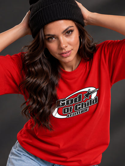 Leotude Women "God Of Child" Red Oversized T-Shirt