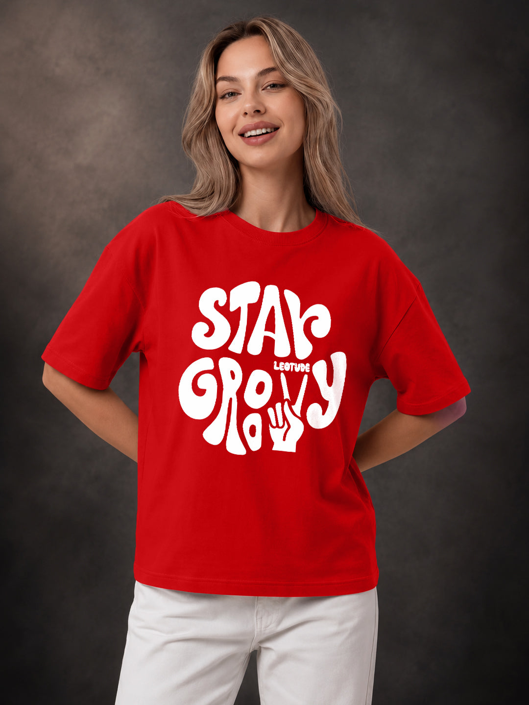 Leotude Red Stay Groovy Printed Oversized Tshirt for Women