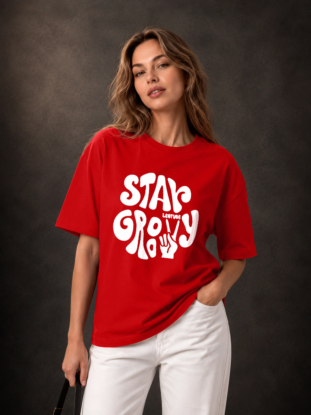 Leotude Red Stay Groovy Printed Oversized Tshirt for Women