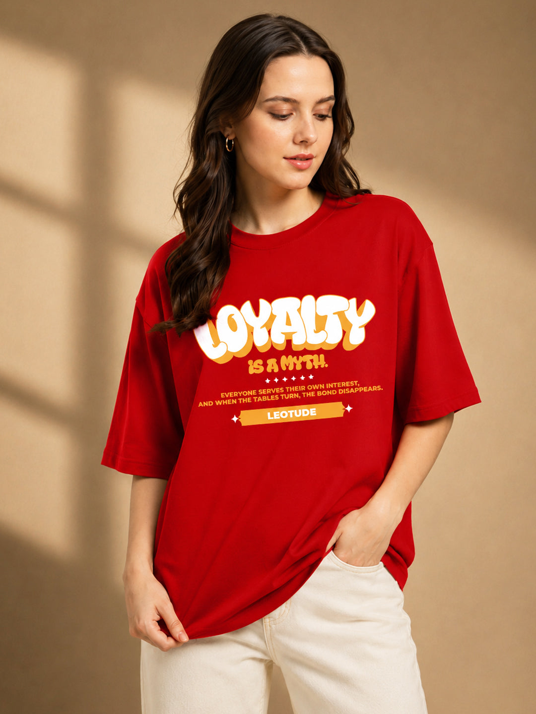 Leotude Red Loyalty Printed Oversized Tshirt for Women