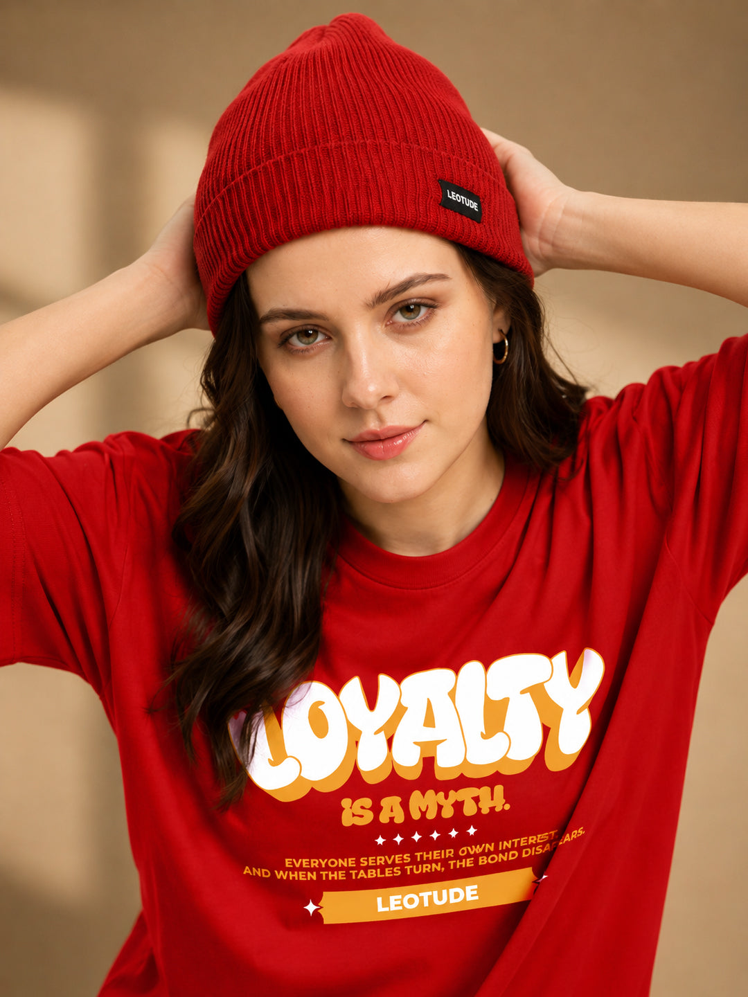 Leotude Red Loyalty Printed Oversized Tshirt for Women