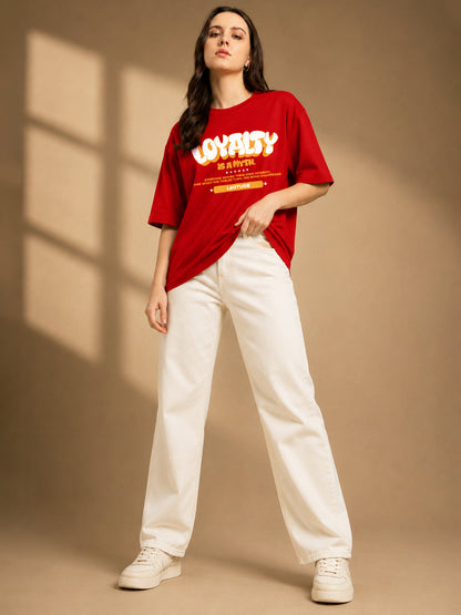 Leotude Red Loyalty Printed Oversized Tshirt for Women
