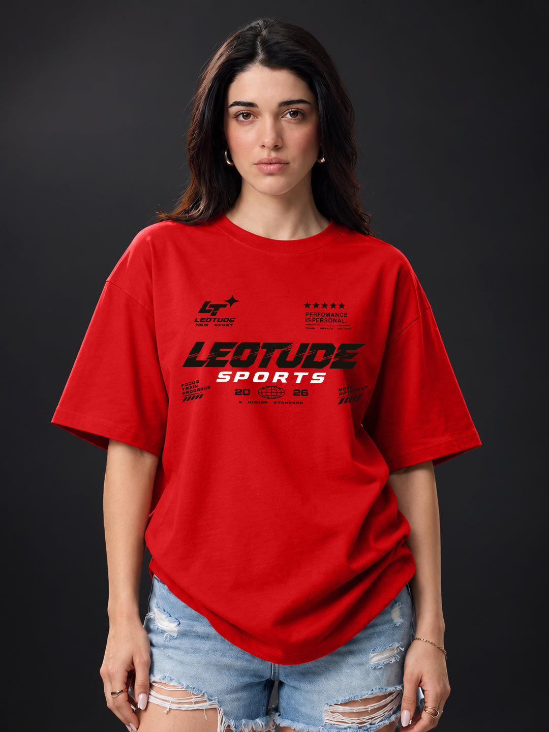Leotude Women "Sports" Red Oversized T-Shirt