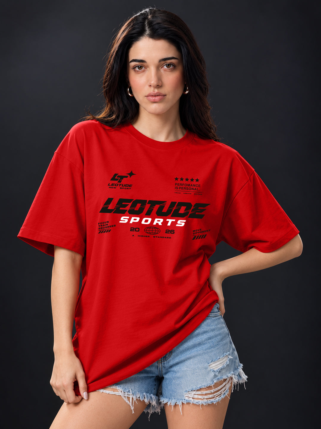 Leotude Women "Sports" Red Oversized T-Shirt