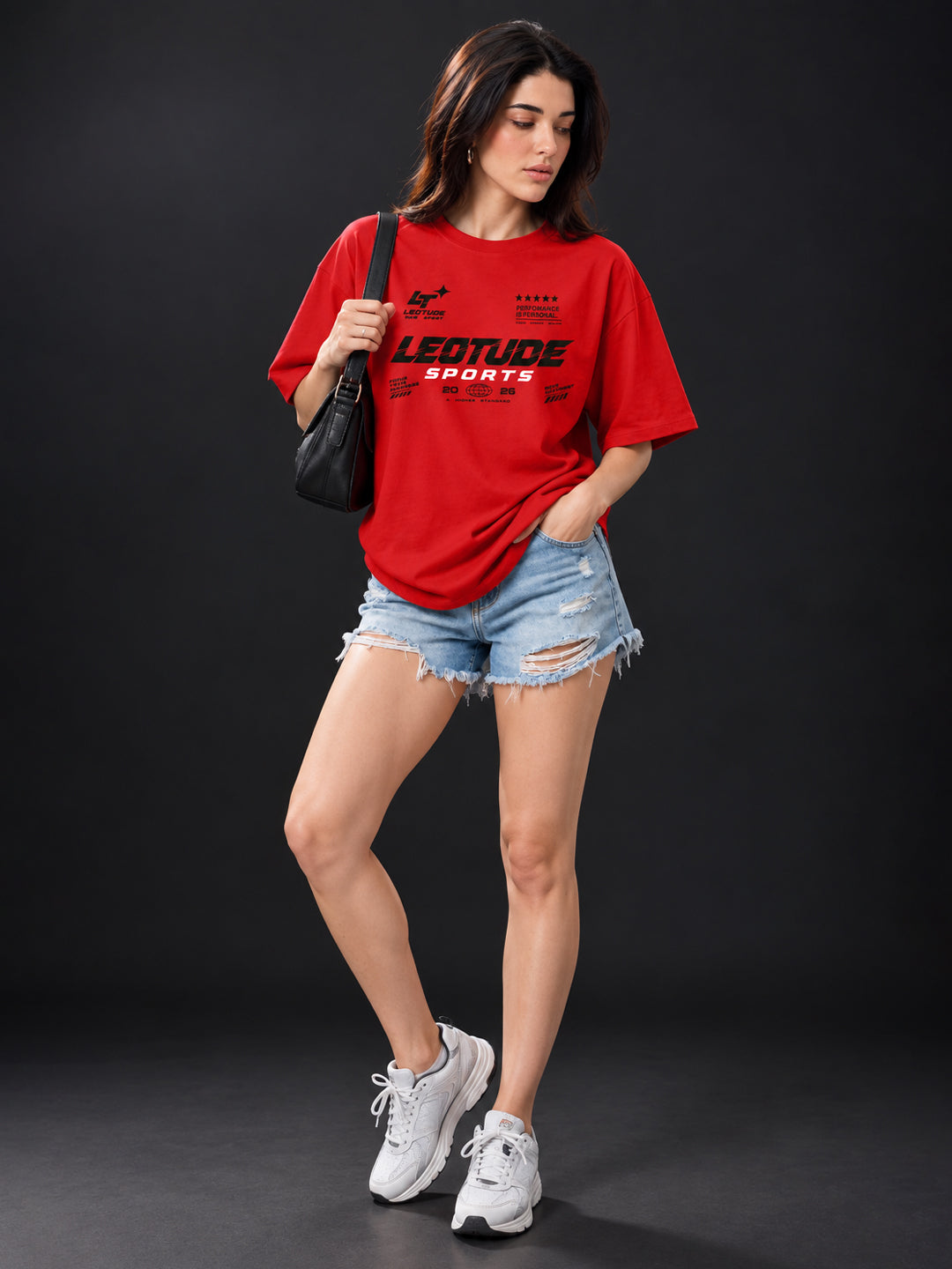 Leotude Women "Sports" Red Oversized T-Shirt