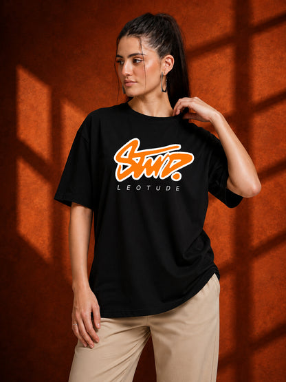 Leotude Black Stud Printed Oversized Tshirt for Women