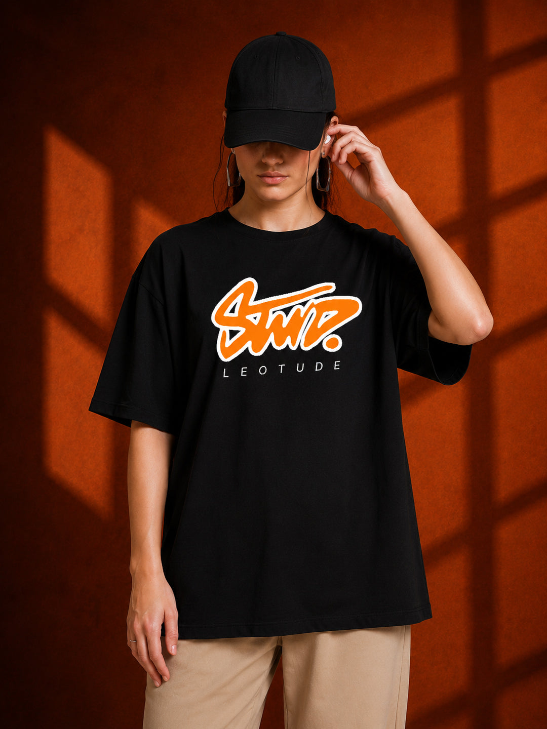 Leotude Black Stud Printed Oversized Tshirt for Women
