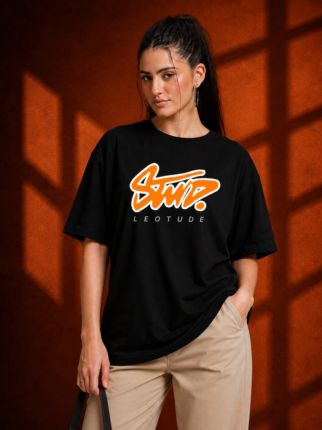 Leotude Black Stud Printed Oversized Tshirt for Women