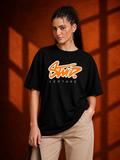 Leotude Black Stud Printed Oversized Tshirt for Women