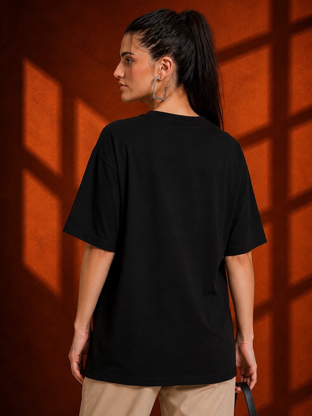 Leotude Black Stud Printed Oversized Tshirt for Women