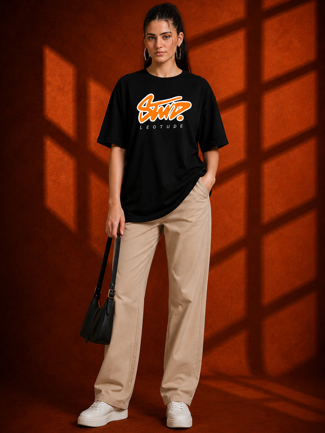 Leotude Black Stud Printed Oversized Tshirt for Women
