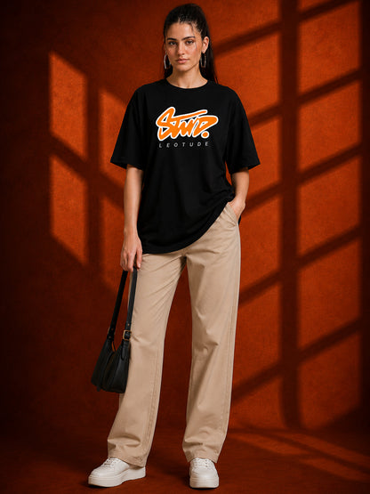 Leotude Black Stud Printed Oversized Tshirt for Women
