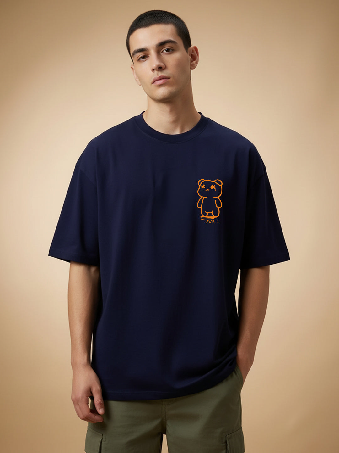Leotude Men's "Teddy" Back Print Oversized T-Shirt — Navy Streetwear Tee