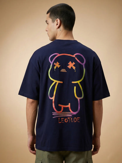Leotude Men's "Teddy" Back Print Oversized T-Shirt — Navy Streetwear Tee
