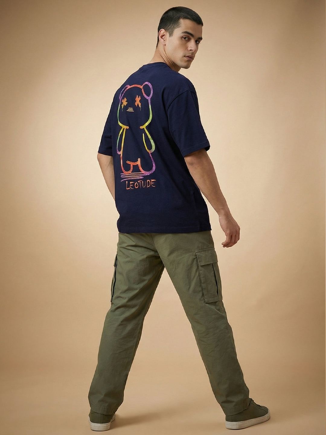 Leotude Men's "Teddy" Back Print Oversized T-Shirt — Navy Streetwear Tee