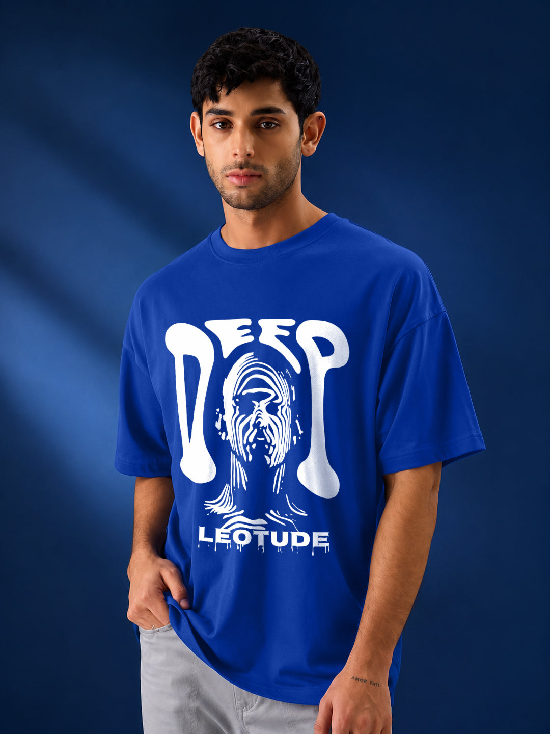 Leotude Men's "Deep" Printed Oversized T-Shirt — Royal Blue Streetwear Tee