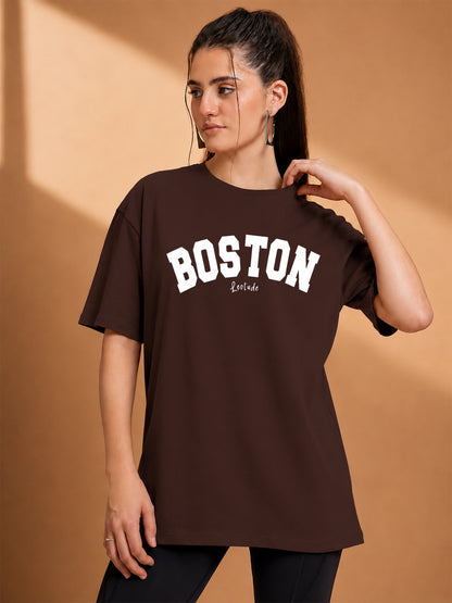 Leotude Brown Boston Printed Oversized Tshirt for Women