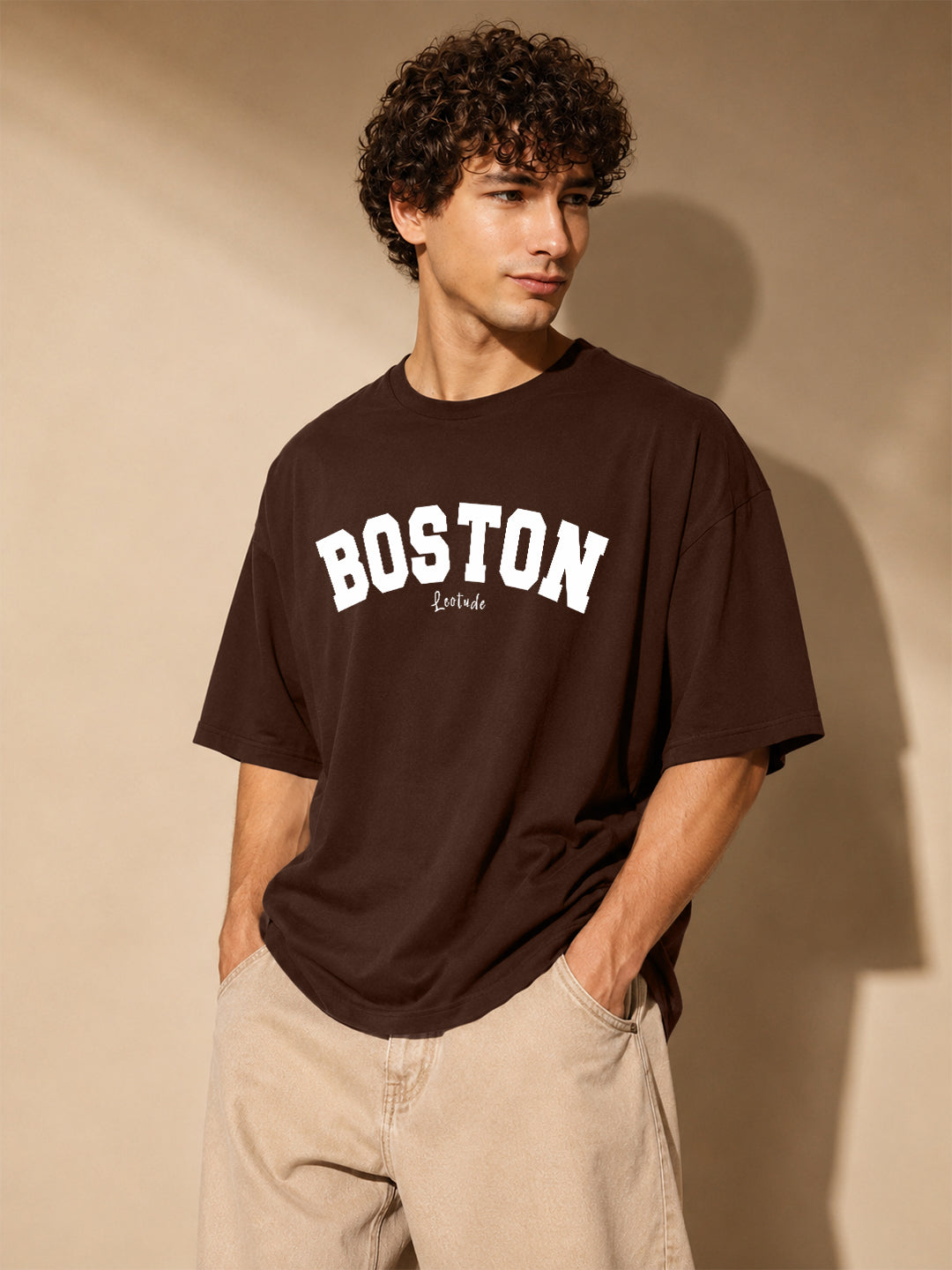 Leotude Brown Boston Printed Oversized Tshirt for Men