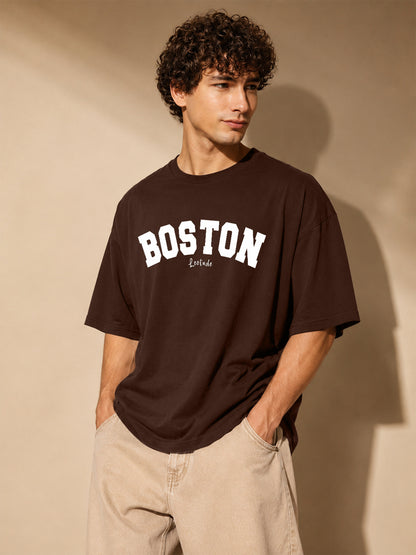 Leotude Brown Boston Printed Oversized Tshirt for Men