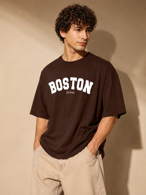 Leotude Brown Boston Printed Oversized Tshirt for Men