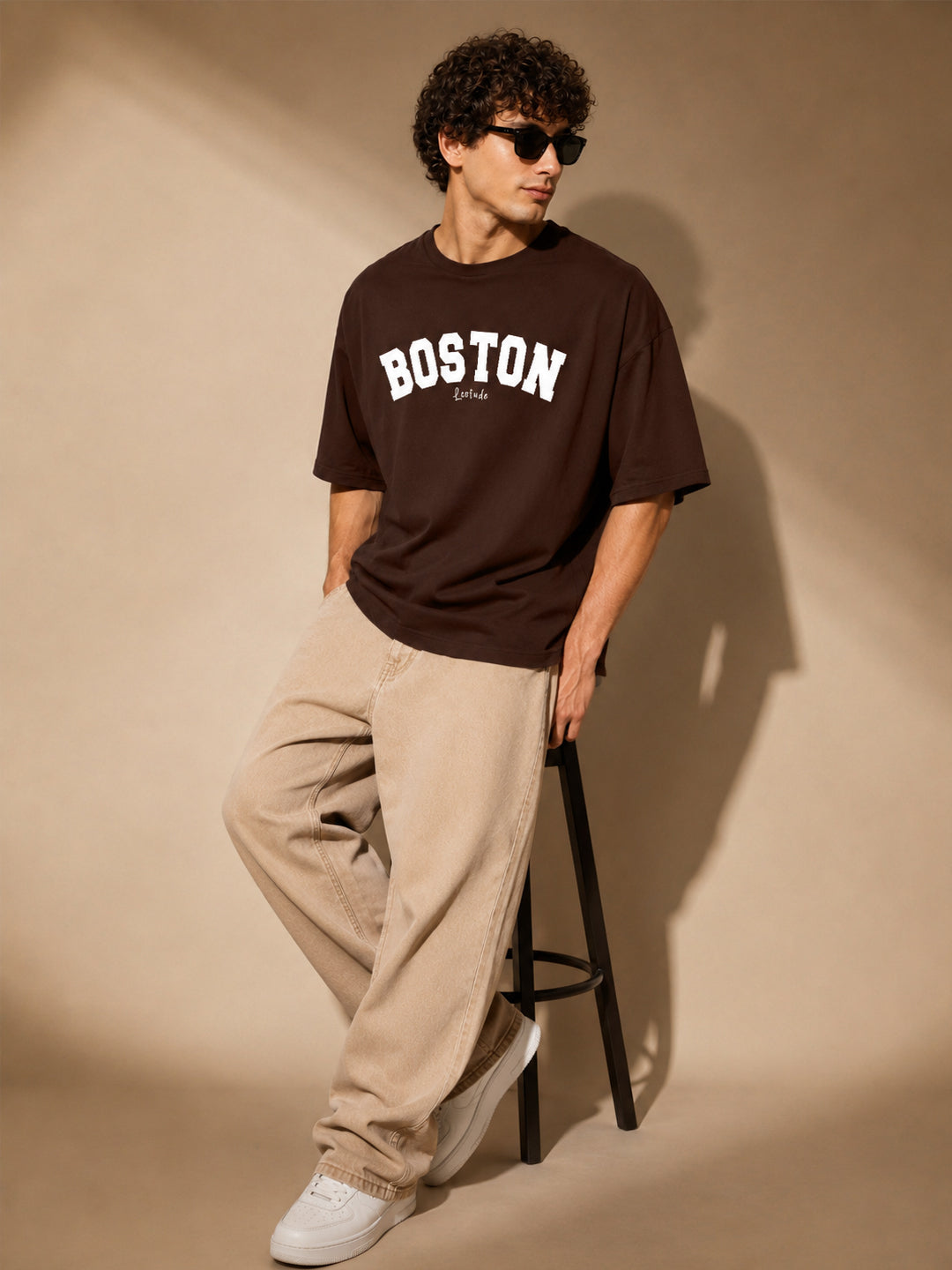 Leotude Brown Boston Printed Oversized Tshirt for Men