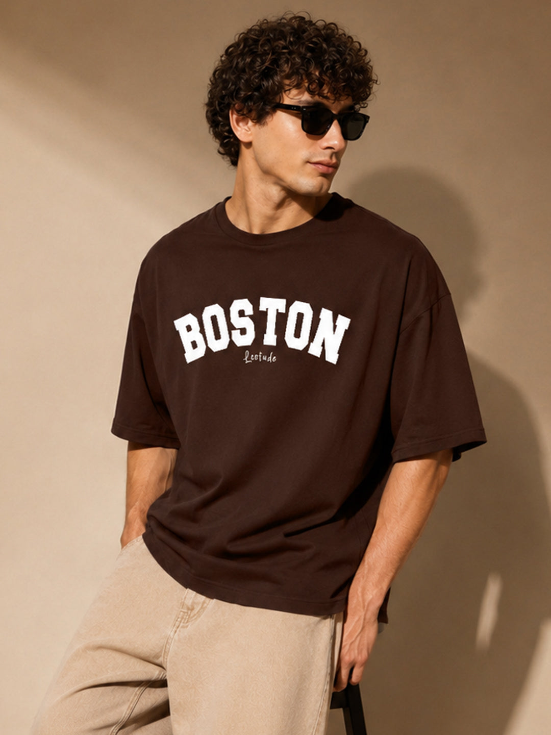 Leotude Brown Boston Printed Oversized Tshirt for Men