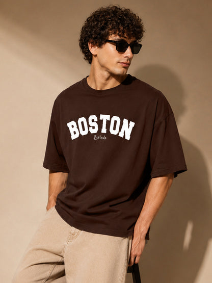 Leotude Brown Boston Printed Oversized Tshirt for Men