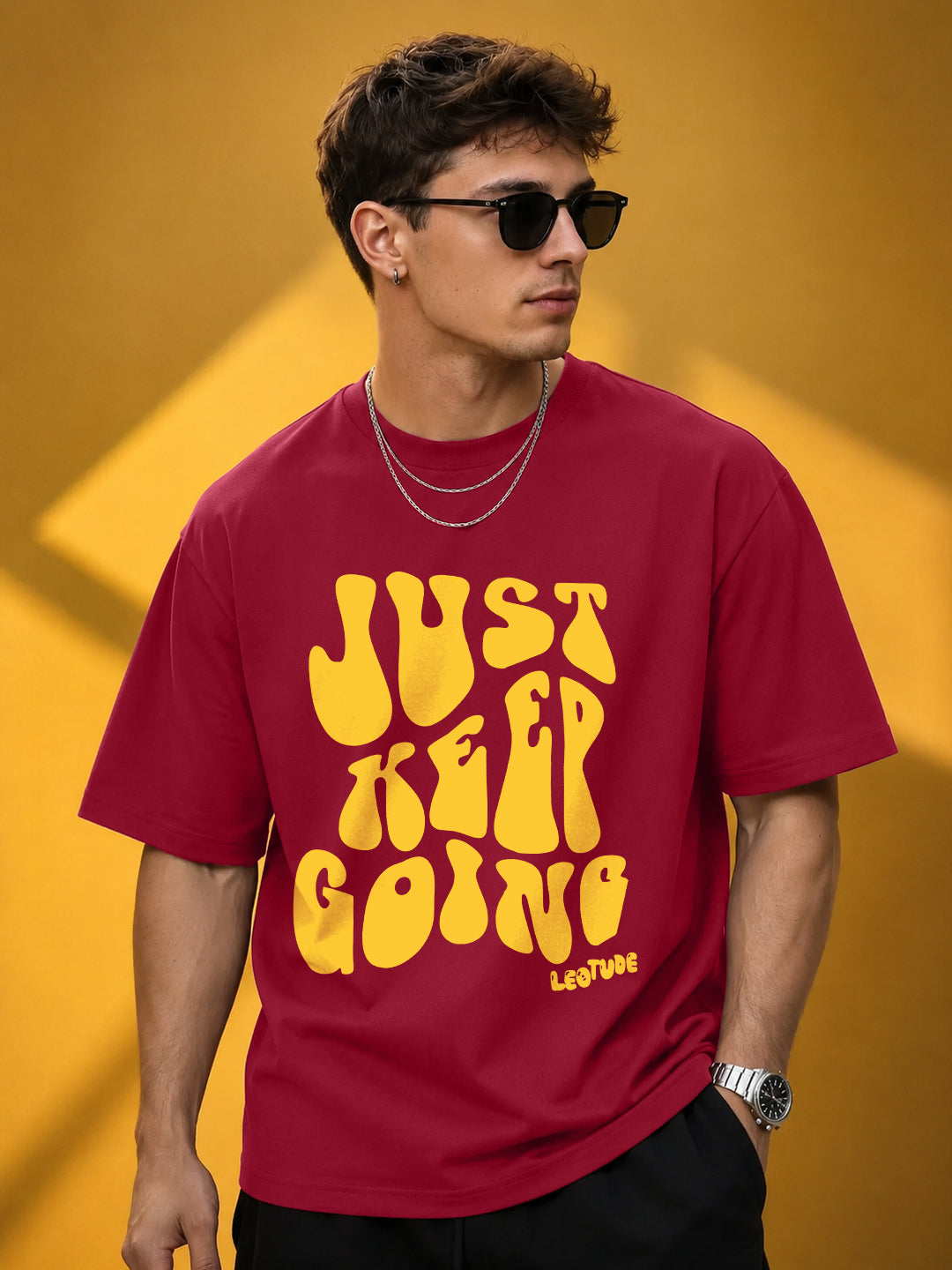 Leotude Men's "Just Keep Going" Printed Oversized T-Shirt — Maroon Streetwear Tee