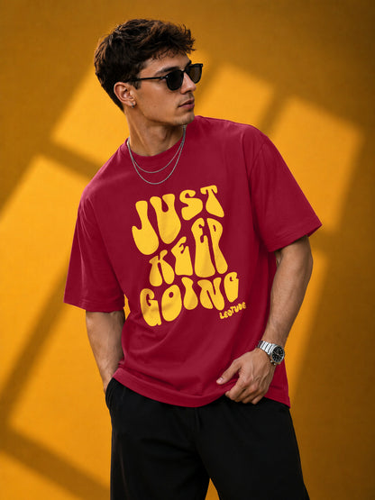 Leotude Men's "Just Keep Going" Printed Oversized T-Shirt — Maroon Streetwear Tee