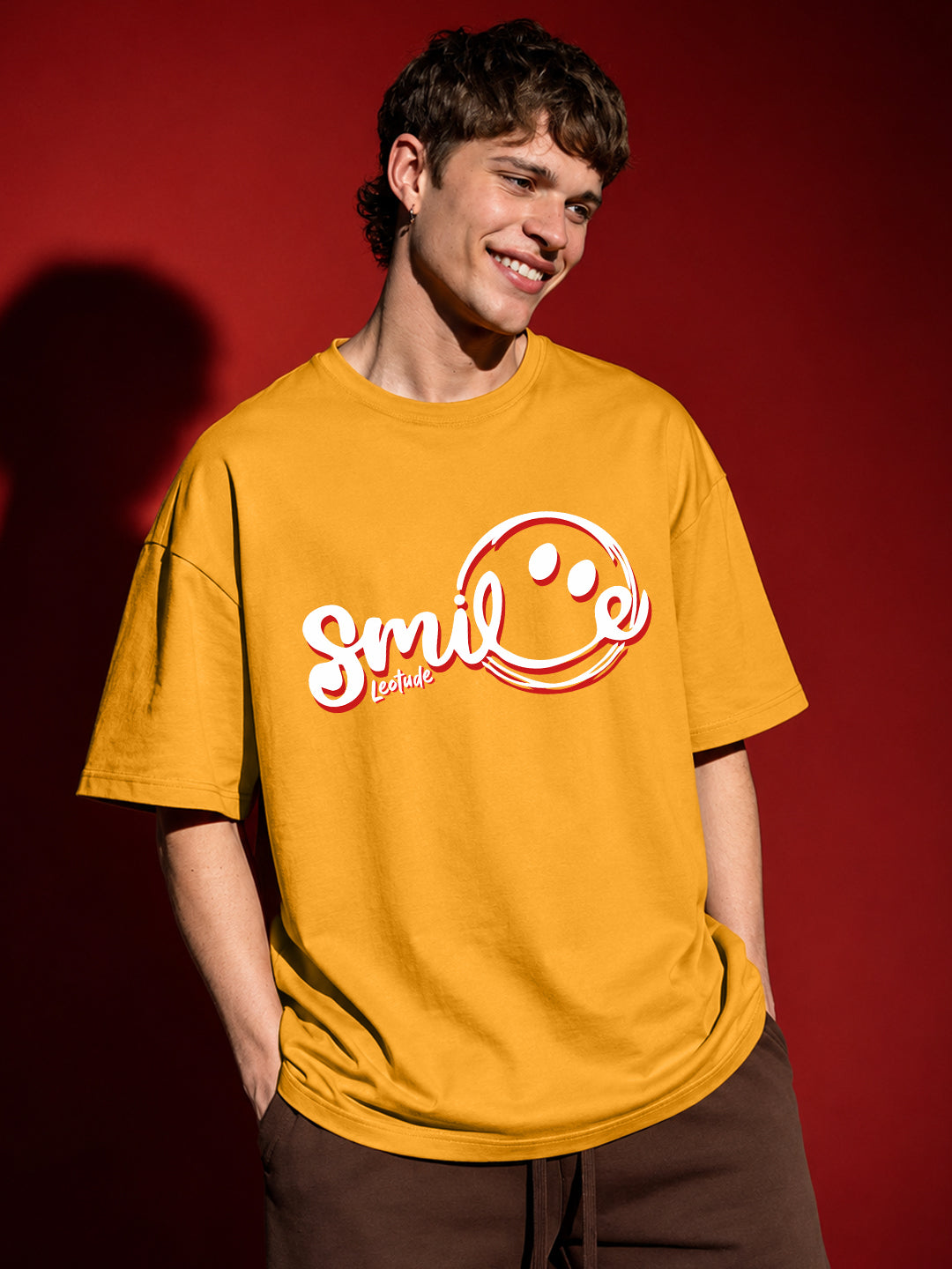 Leotude Men's "Smile" Printed Oversized T-Shirt — Mustard Streetwear Tee