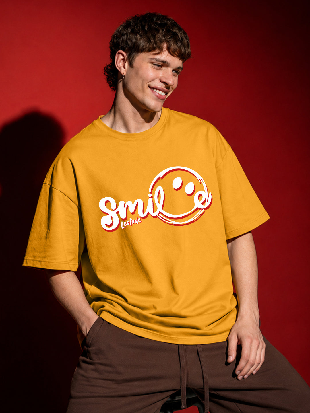 Leotude Men's "Smile" Printed Oversized T-Shirt — Mustard Streetwear Tee
