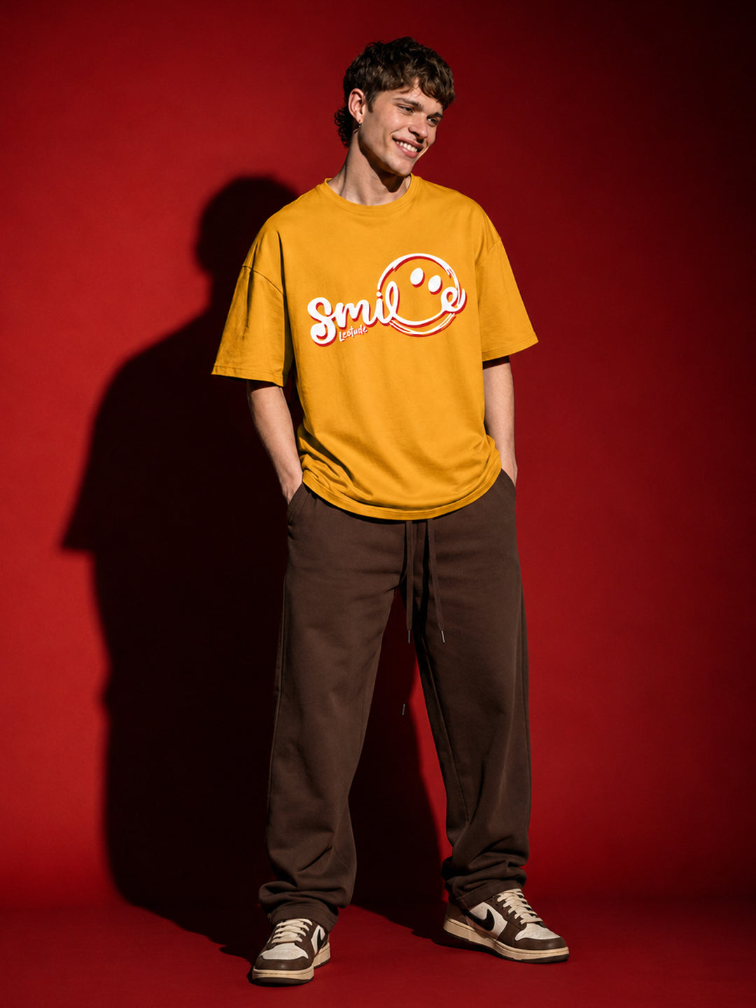 Leotude Men's "Smile" Printed Oversized T-Shirt — Mustard Streetwear Tee