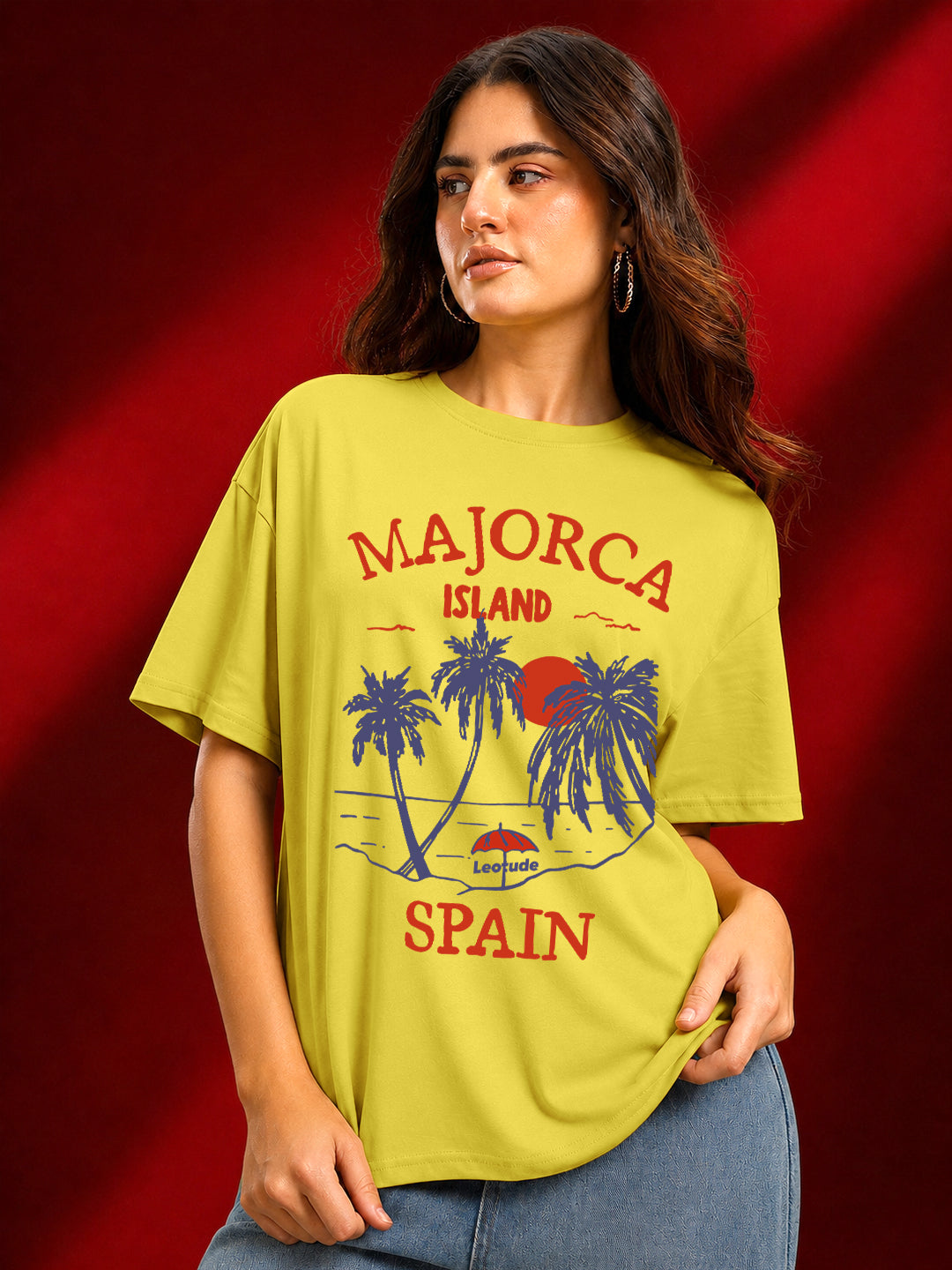 Leotude Yellow Majorca Printed Oversized Tshirt for Women