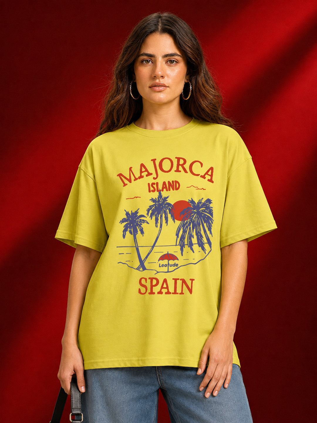 Leotude Yellow Majorca Printed Oversized Tshirt for Women